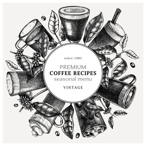 Hand-sketched coffee wreath design. Vector sketches of mugs with aromatic caffeine drinks. With coffee plants, leaves and beans in vintage style. Vector beverages template